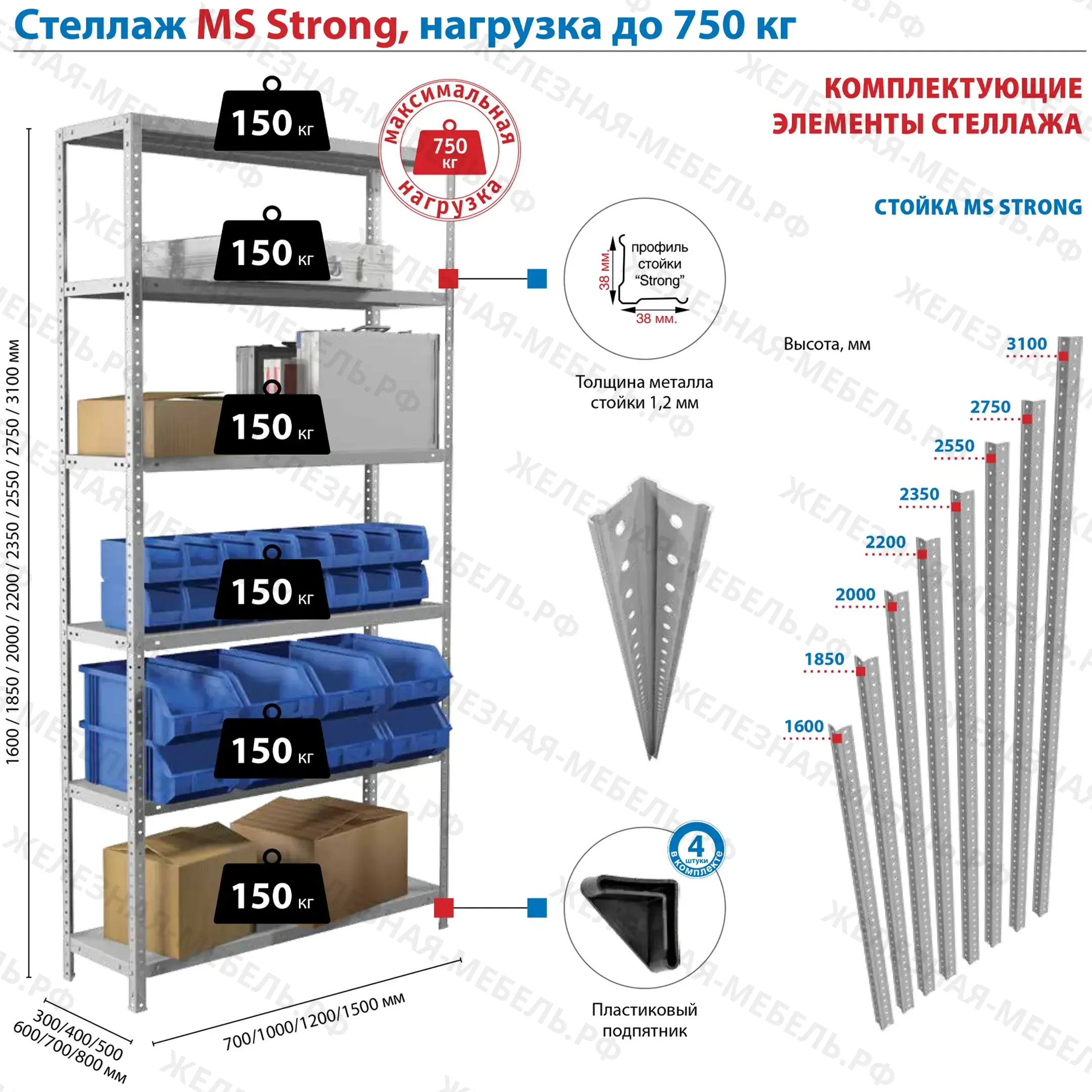 Стеллаж угловой MS Strong 1600х1000х1000 (4 уровня глубиной 300 мм)